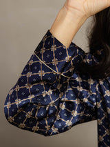 [Navy Chain] SilkSilky  Pure Silk Notch Collar Women's Pajamas 007,