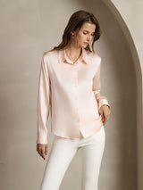 [Light Pink] SilkSilky  19Momme Stretch Silk Charmeuse Long Sleeve Lapel Collar Women's Shirt 006