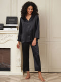 SilkSilky US 22Momme Pure Silk Long Sleeve Womens Pajamas Black 003