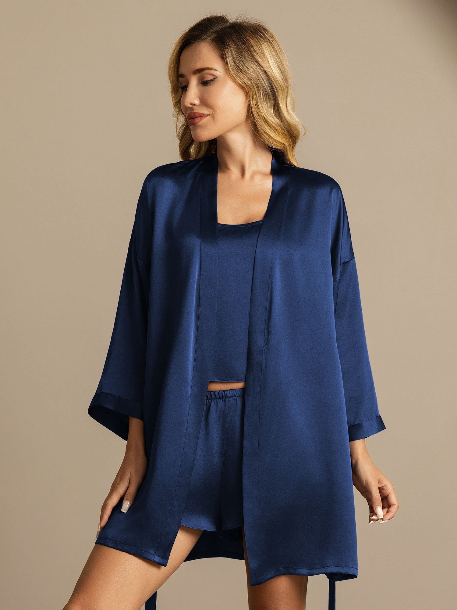 [Dark Blue] SilkSilky  Pure Silk Split Nightgown&Robe Set 007,