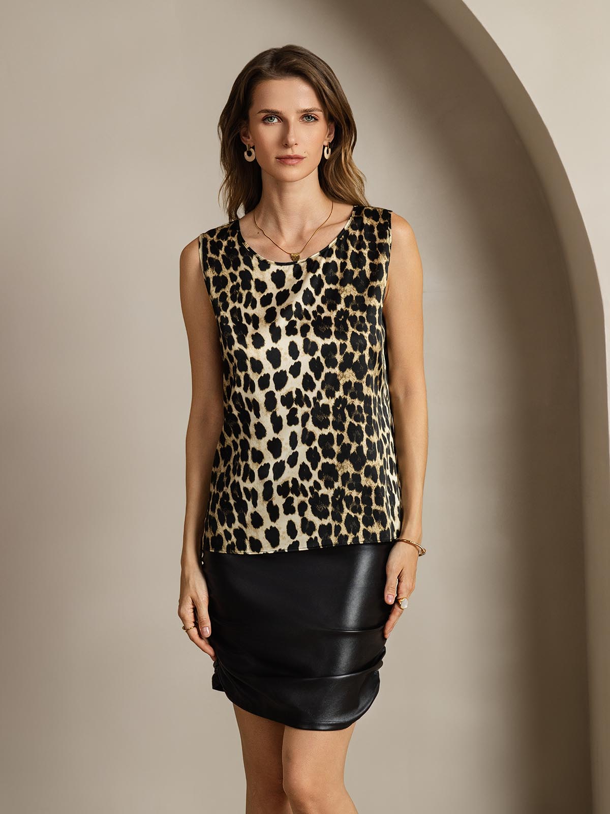 [Leopard] SilkSilky  19Momme Silk Round Neck Camisole Top 001,