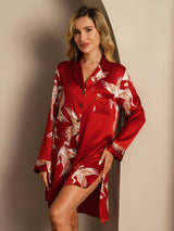 [Dark Red] SilkSilky  19Momme Long Sleeve Notch Collar Nightshirt 008