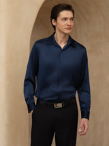 [Dark Blue] SilkSilky 19Momme Stretch Silk Charmeuse Long Sleeve Lapel Collar Men's Shirt 005