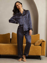 [Navy Chain] SilkSilky  Pure Silk Notch Collar Women's Pajamas 002,