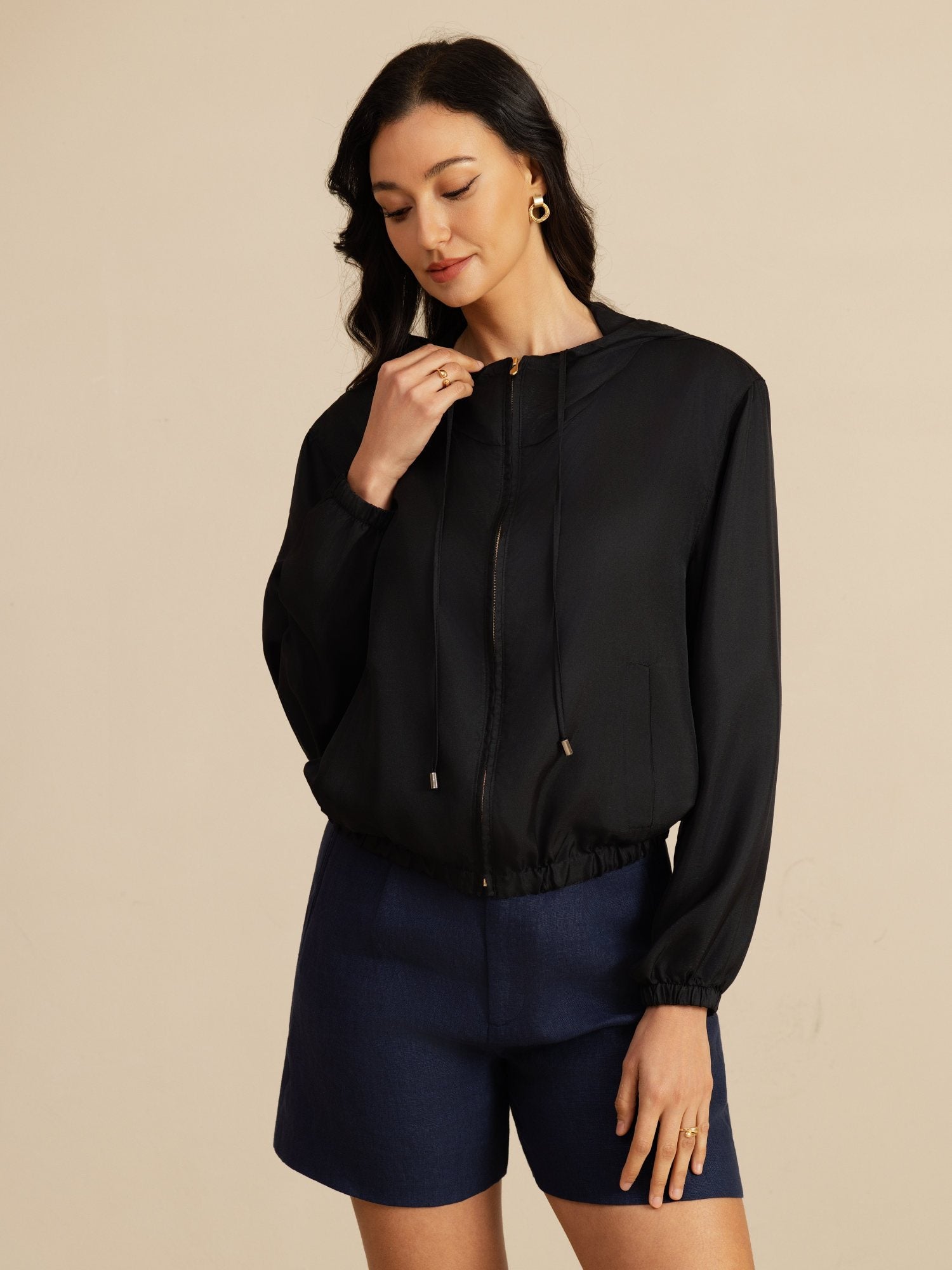 [Black] SilkSilky 18Momme Silk Satin Surah Long Sleeve Stand Collar Women's Outerwear 004