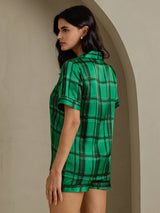 [Green Plaid] SilkSilky Short Sleeve Notch Collar Women's Pajamas 002