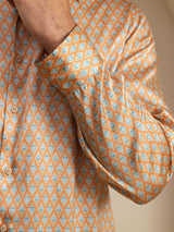 [Yellow Heart Geo] SilkSilky 19Momme Stretch Silk Charmeuse Long Sleeve Lapel Collar Men's Shirt 007