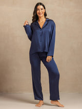 [Dark Blue] SilkSilky  19Momme Machine-Washable Silk Long Sleeve Notch Collar Women's Pajamas 006