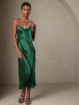 [Green] SilkSilky  Spaghetti Strap V Neck Dress 001