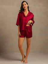 [Wine] SilkSilky  19Momme Machine-Washable Silk Half Sleeve Notch Collar Women's Pajamas 003
