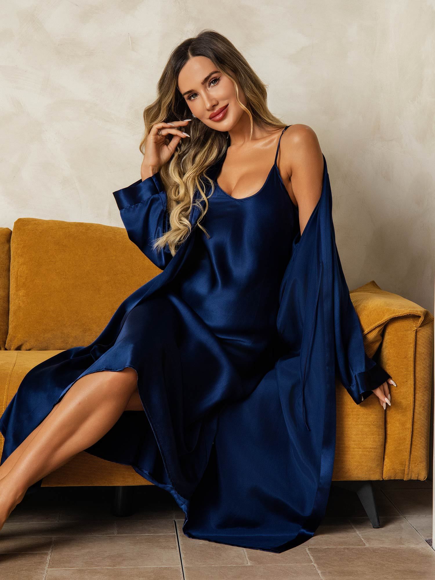 [DarkBlue] SilkSilky Pure Silk Wrap Nightgown&Robe Set 006