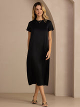 [Black] SilkSilky Short Sleeve Round Neck Dress 007