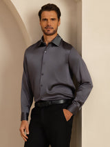 [Dark Gray] SilkSilky 19Momme Stretch Silk Charmeuse Long Sleeve Lapel Collar Men's Shirt 006