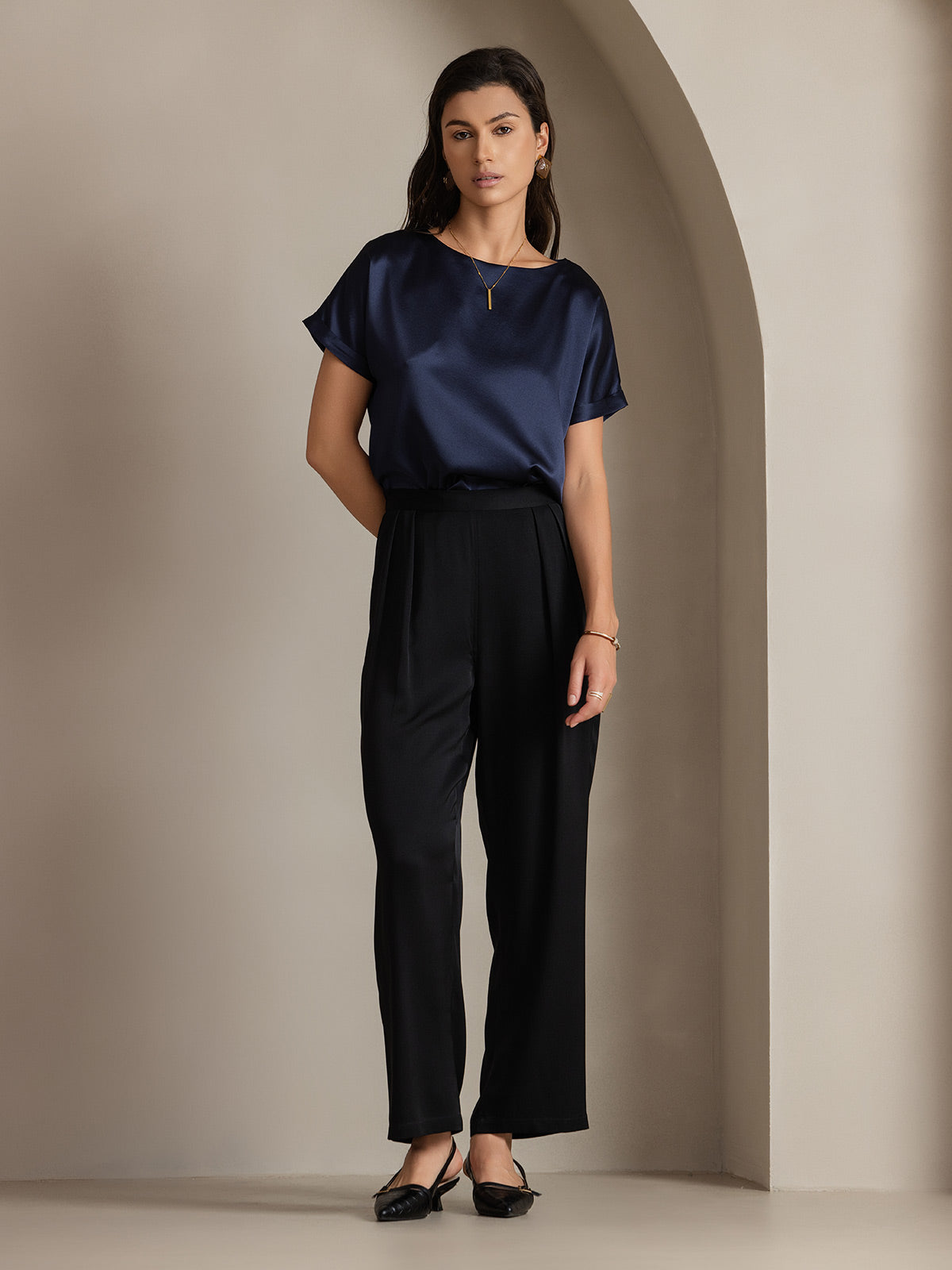[Dark Blue] SilkSilky  19Momme Silk Round Neck Women's T-Shirt 004