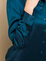 [Teal] SilkSilky  19Momme Stretch Silk Charmeuse Long Sleeve Lapel Collar Women's Shirt 003