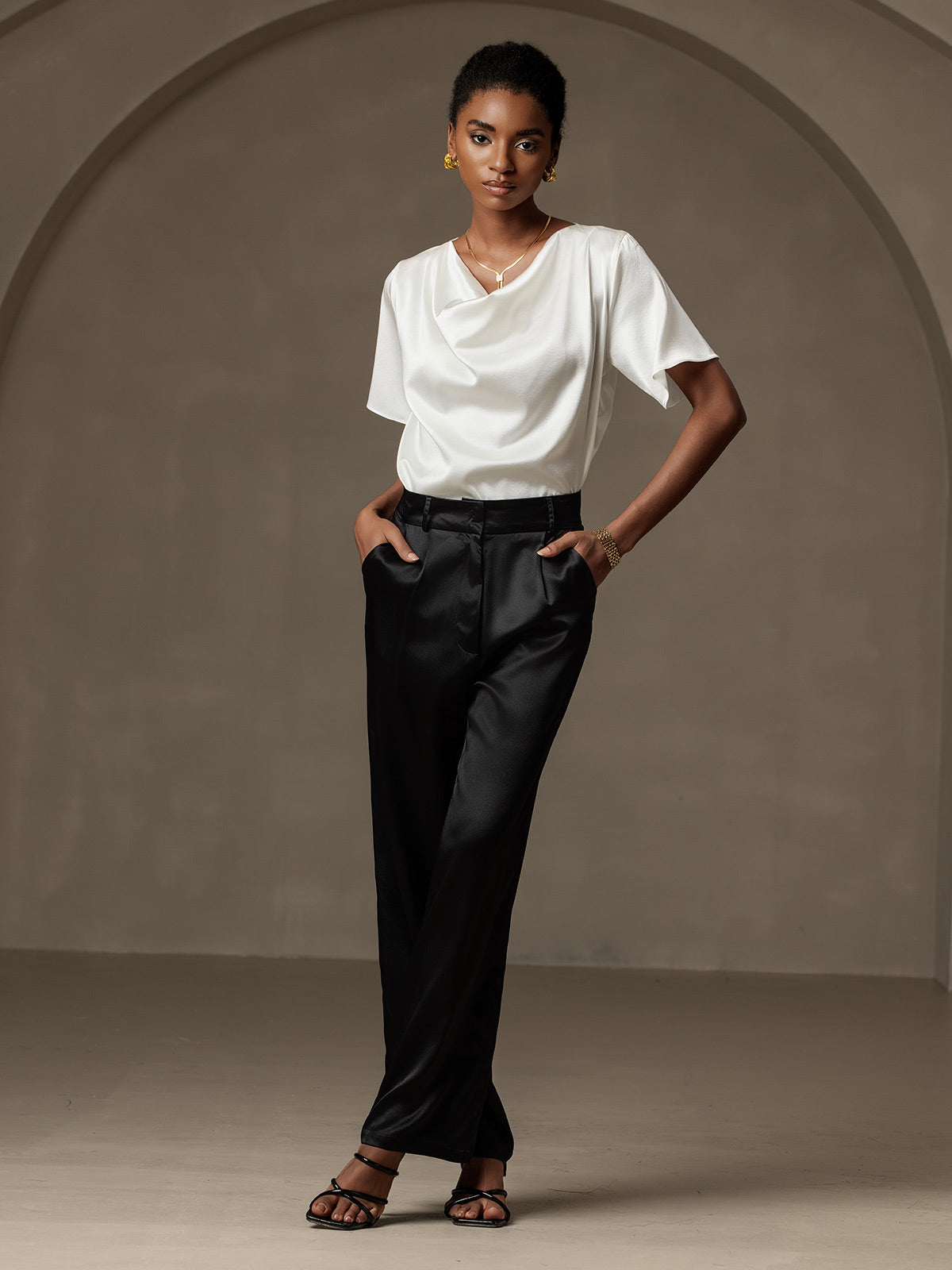 [White] SilkSilky  19Momme Silk Cowl Neck Women's T-Shirt 006