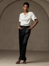 [White] SilkSilky  Short Sleeve Cowl Neck Blouse 006