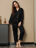 SilkSilky  Pure Silk Long Sleeve Lapel Women's Pajamas Black 004