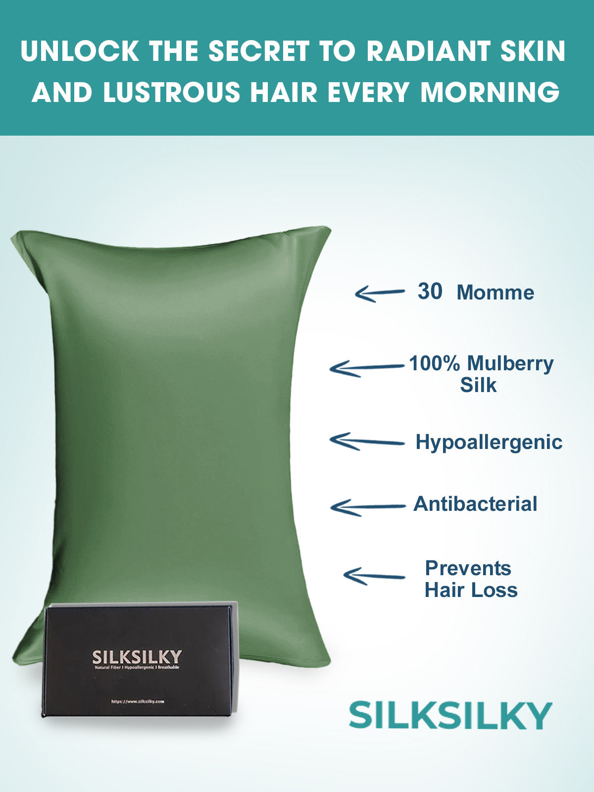 SilkSilky US 30Momme Pure Silk Pillowcase GrayishGreen 002