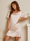 SilkSilky USPureSilkShortSleeveVNeckNightgownLightPink003