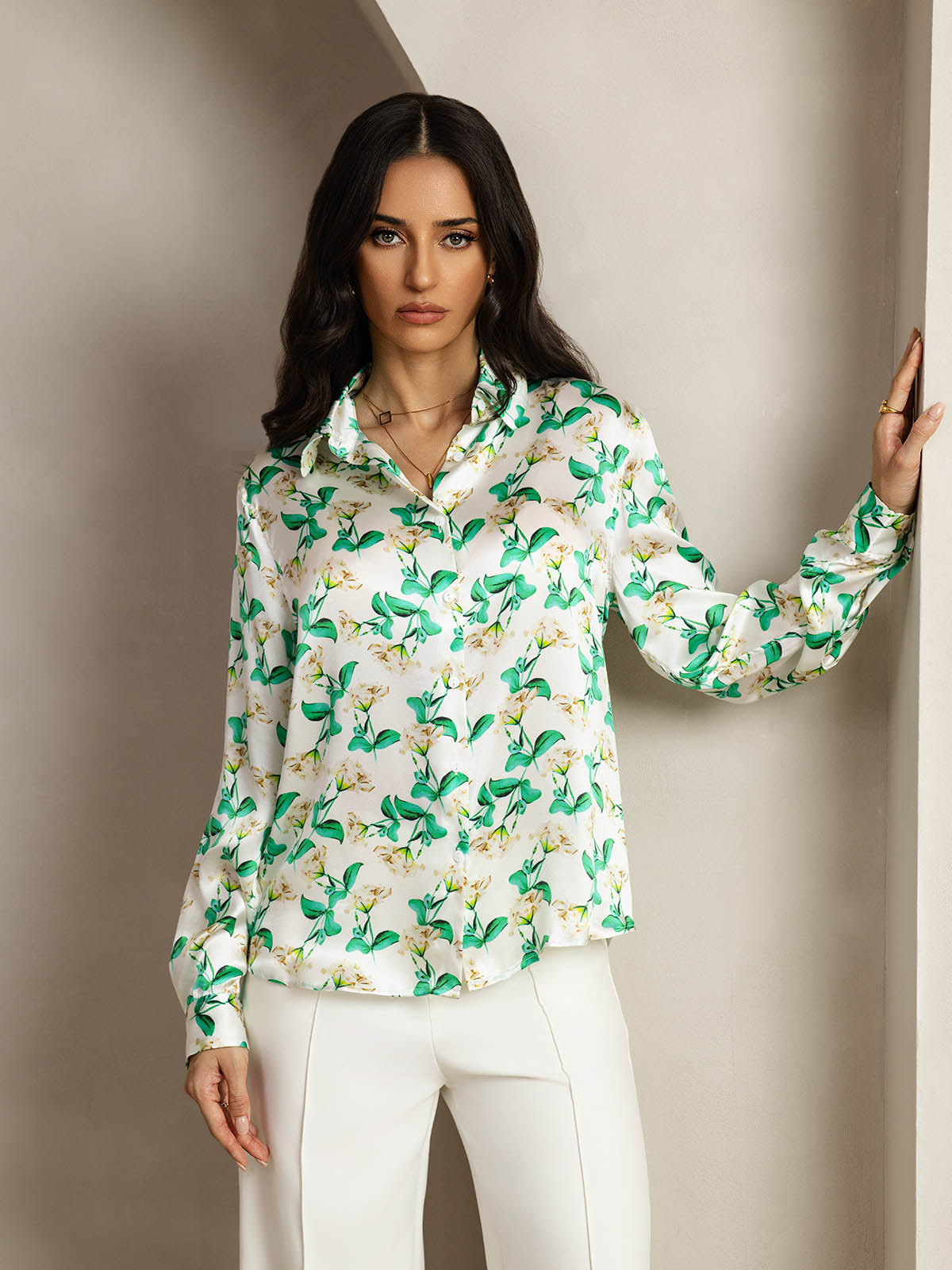 [Green Floral] SilkSilky  Silk Lapel Collar Women's Shirt 001