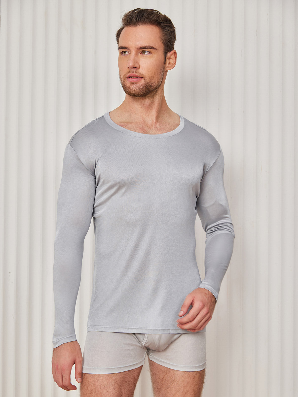 SilkSilky US Silk Knitted Long Sleeve Round Neck Men's T Shirt LightGray 003