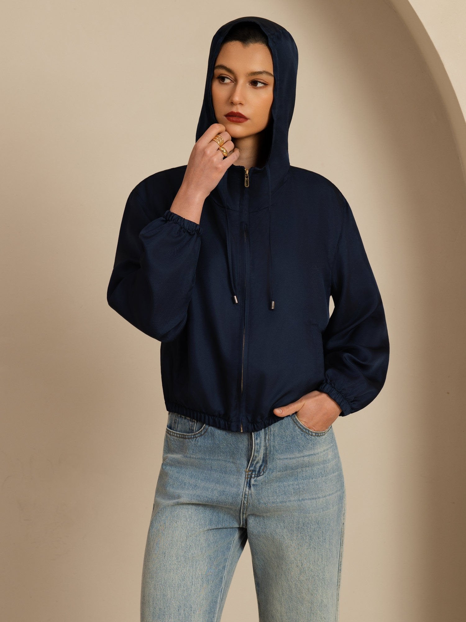 [DarkBlue] SilkSilky 18Momme Silk Satin Surah Long Sleeve Stand Collar Women's Outerwear 004