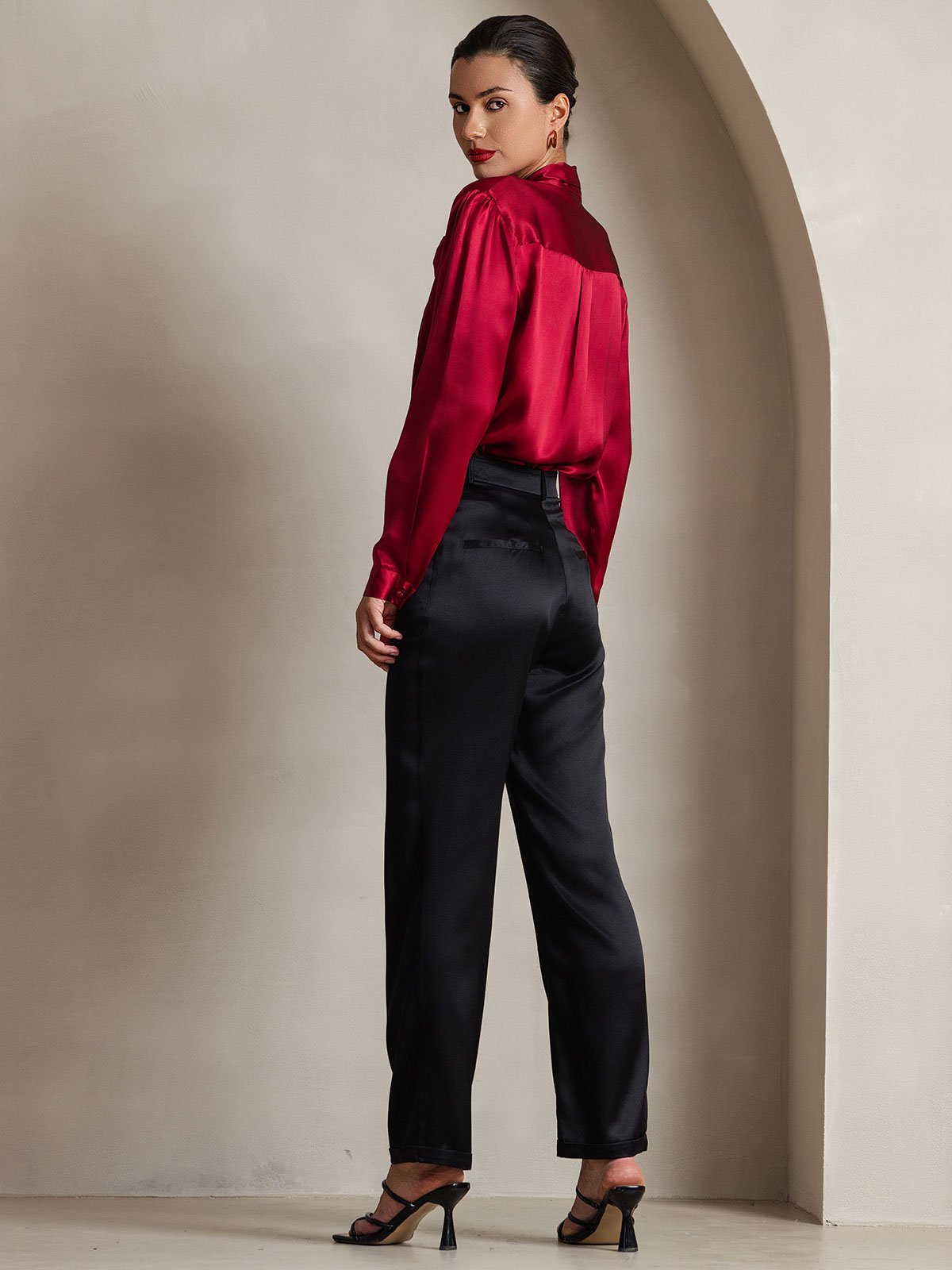 [Wine] SilkSilky 19Momme Silk Long Sleeve Tie Neck Women's Shirt 004
