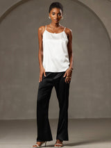 [White] SilkSilky  19Momme Stretch Silk Charmeuse Spaghetti Strap Scoop Neck Camisole Top 001