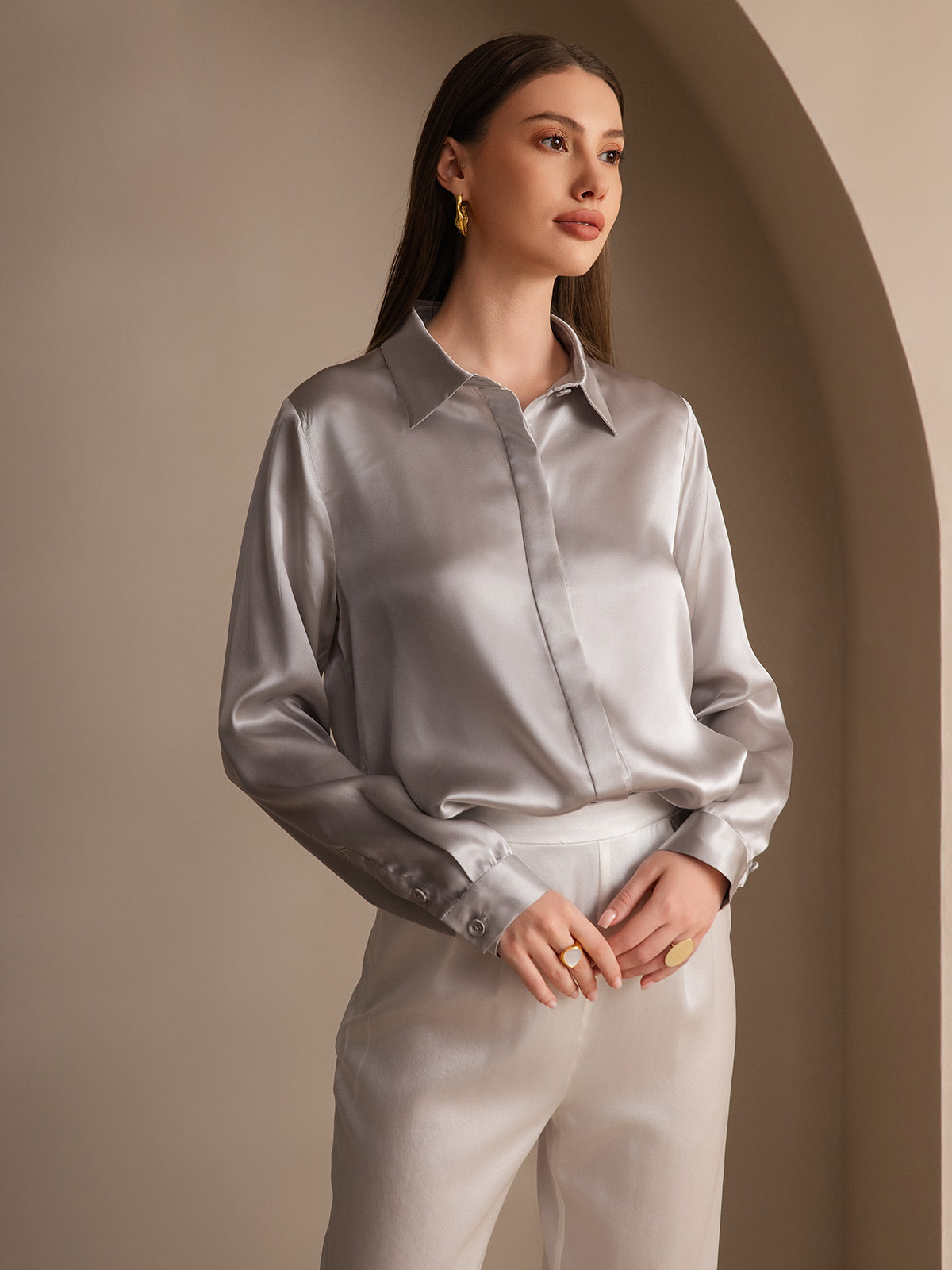 SilkSilky  19Momme Silk Blend Long Sleeve Collar Women's Shirt LightGray 004