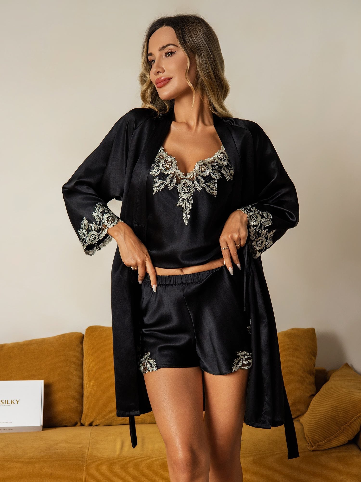[Black] SilkSilky  Pure Silk Wrap Nightgown&Robe Set 003
