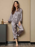 SilkSilky  Pure Silk Long Sleeve Lapel Women's Pajamas Gray 004