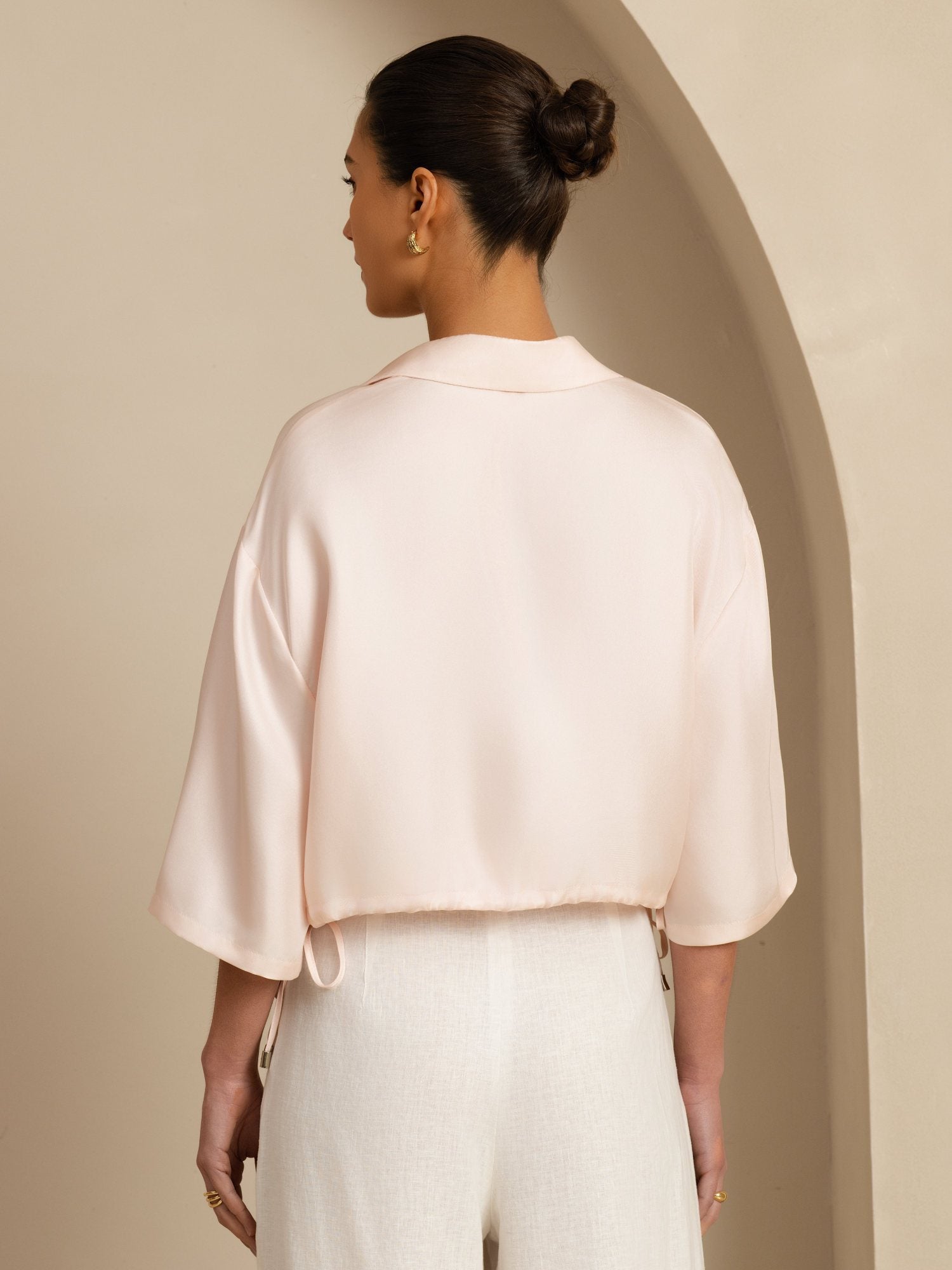 [Pink] SilkSilky  18Momme Silk Satin Surah Half Sleeve Lapel Collar Blouse 002