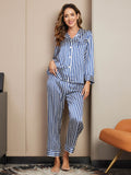 SilkSilky US 19Momme Pure Silk Long Sleeve Lapel Women's Pajamas Blue 001