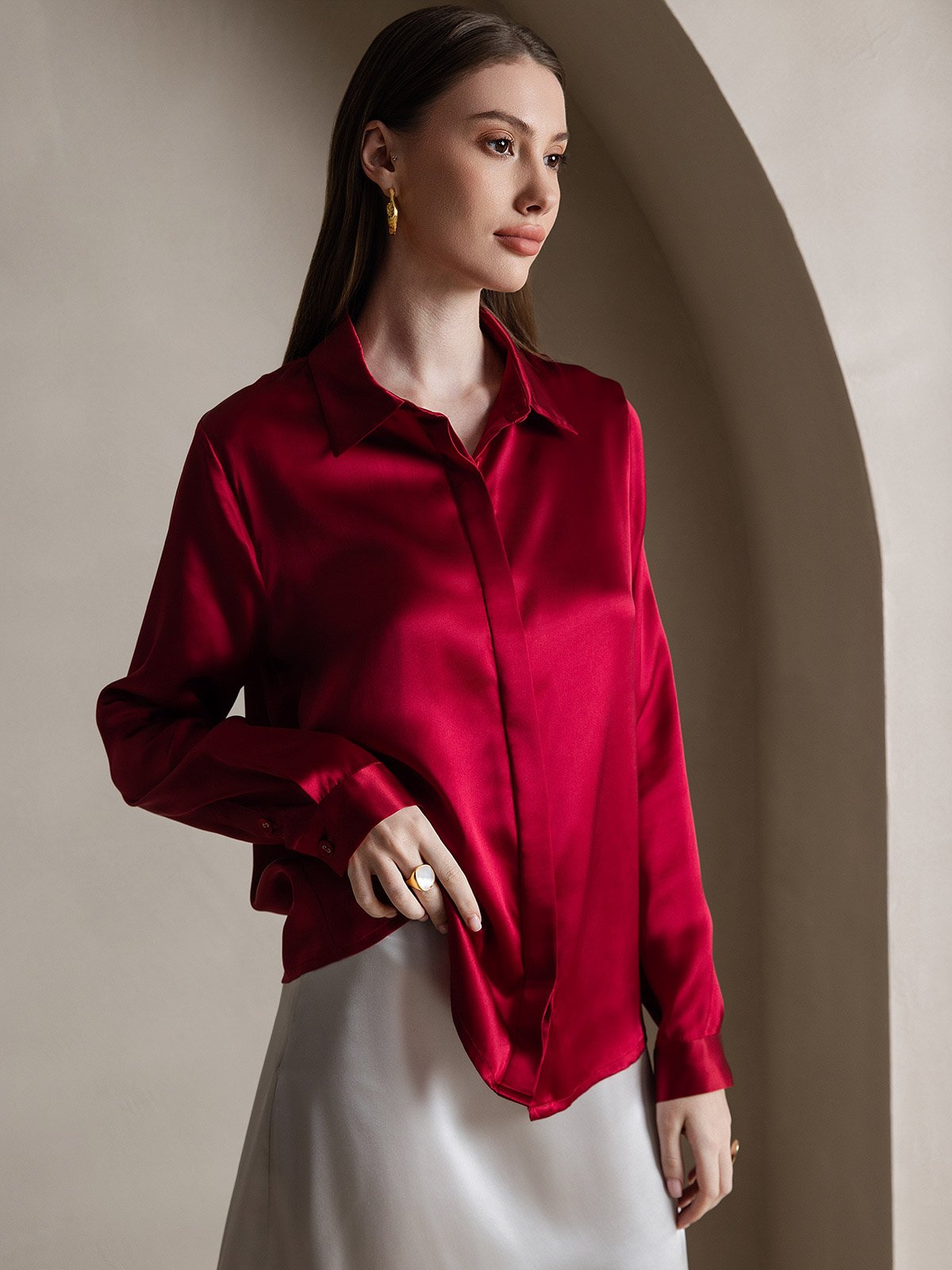 [Wine] SilkSilky  19Momme Silk Long Sleeve Lapel Collar Women's Shirt 001