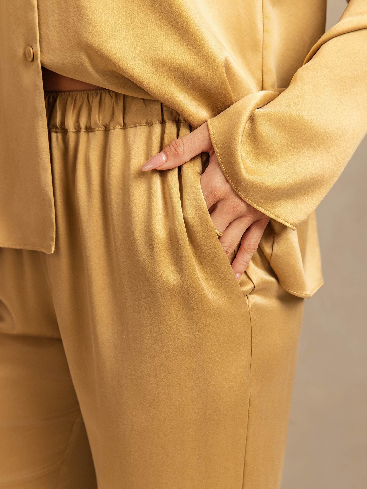 [Tan] SilkSilky 19Momme Silk Notched Neck Women's Pajamas 005