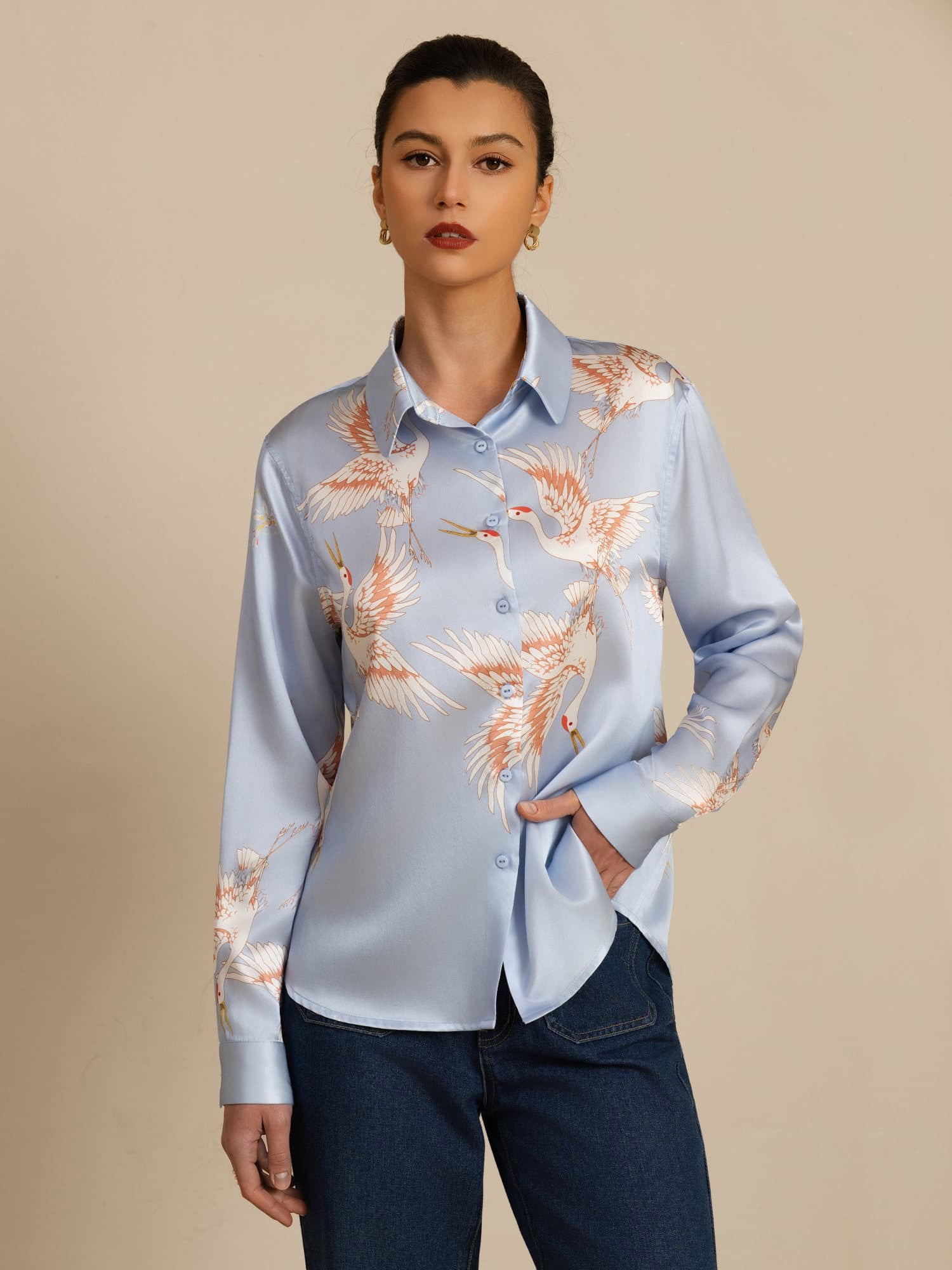 [Light Blue] SilkSilky  19Momme Long Sleeve Lapel Collar Women's Shirt 004