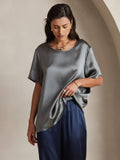 SilkSilky US Pure Silk Short Sleeve Round Neck Women's T Shirt DarkGray 003