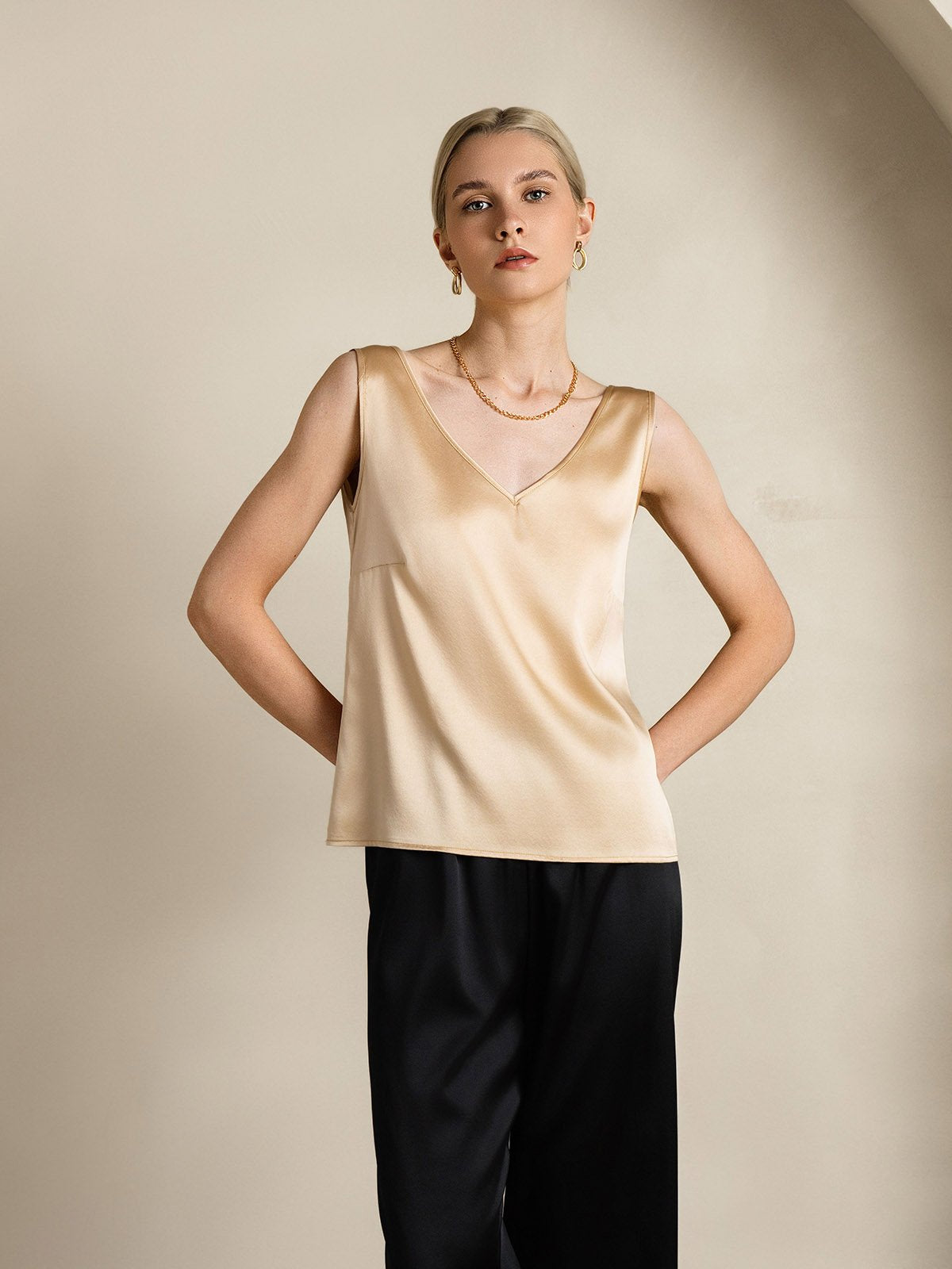 SilkSilky 19Momme Silk V Neck Camisole Top Champagne 005