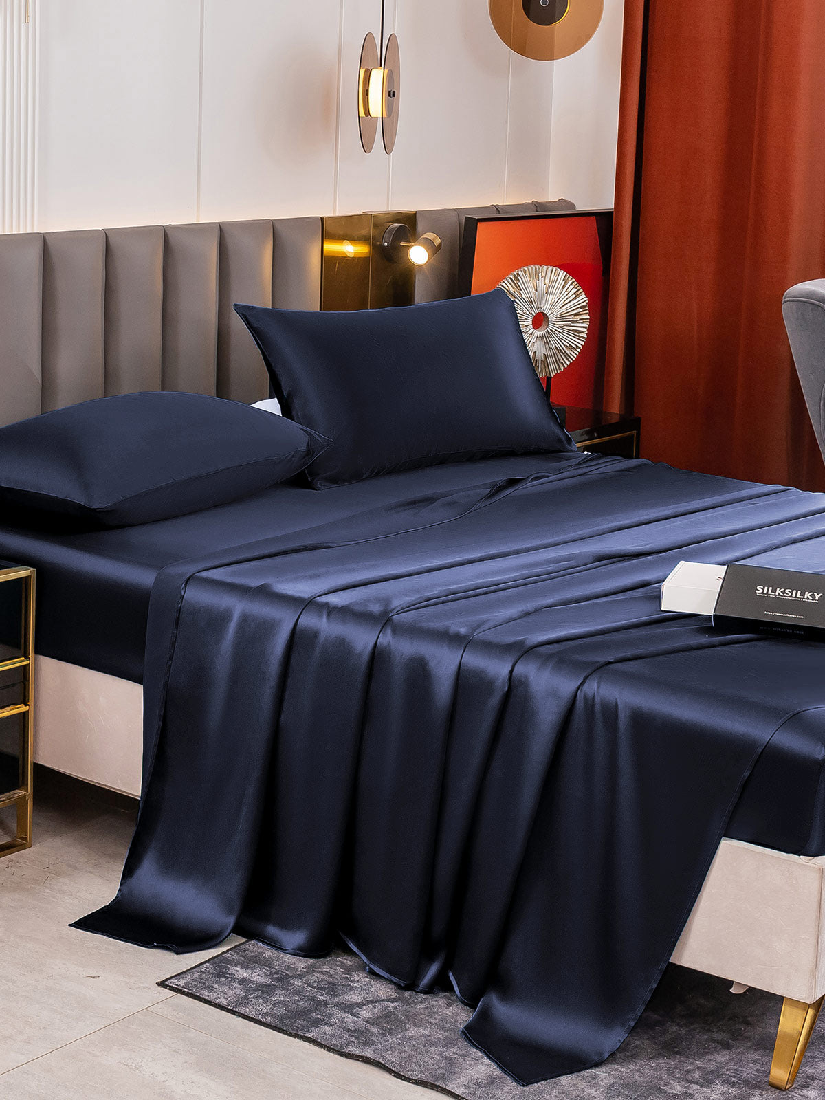 SilkSilky US 19Momme Pure Silk Bedding Set DarkBlue 005