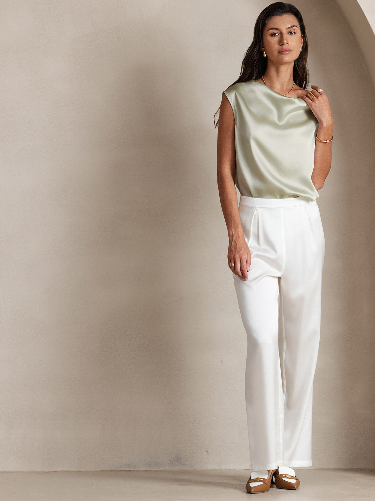 [Light Green] SilkSilky  19Momme Silk Cowl Neck Women's T-Shirt 006