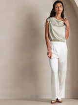 [Light Green] SilkSilky  19Momme Stretch Silk Charmeuse Cap Sleeve Cowl Neck Women's T-Shirt 006