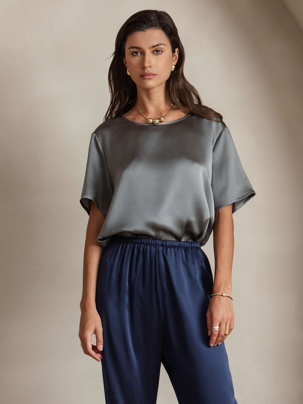 Clearance Pure Silk Short Sleeve Round Neck T Shirt