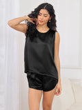 SilkSilky  Pure Silk Sleeveless Round Neck Women's Pajamas Black 003