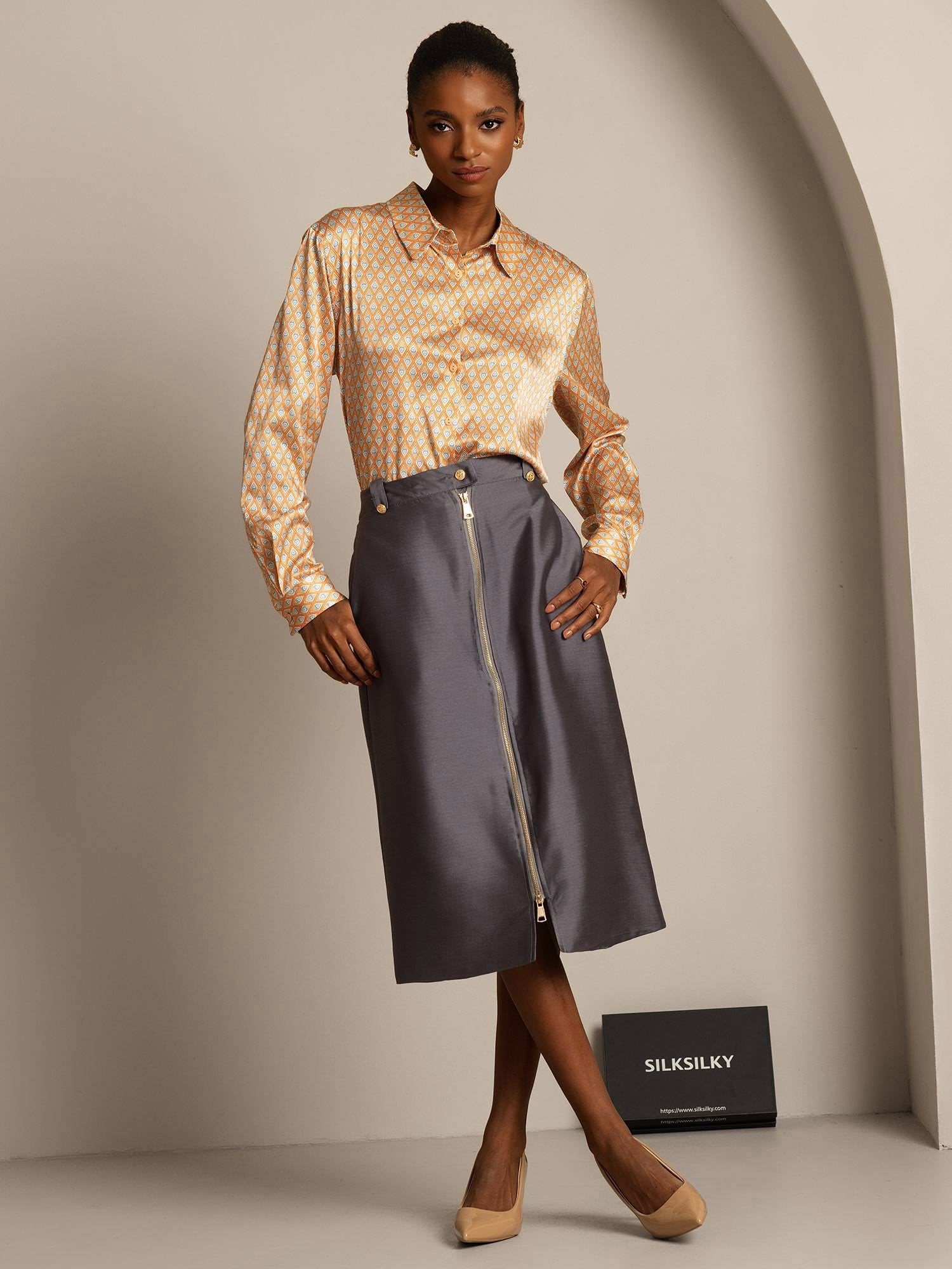 [Gray] SilkSilky  32Momme Silk Split Skirt 007,