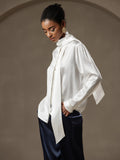 SilkSilky  19Momme Silk Blend Long Sleeve Tie Neck Women's Shirt White 004