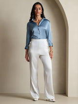 [Grayish Blue] SilkSilky  19Momme Stretch Silk Charmeuse 3/4 Sleeve Lapel Collar Women's Shirt 006