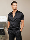 SilkSilky US Silk Blend Short Sleeve Collar Men's Shirt Black 006