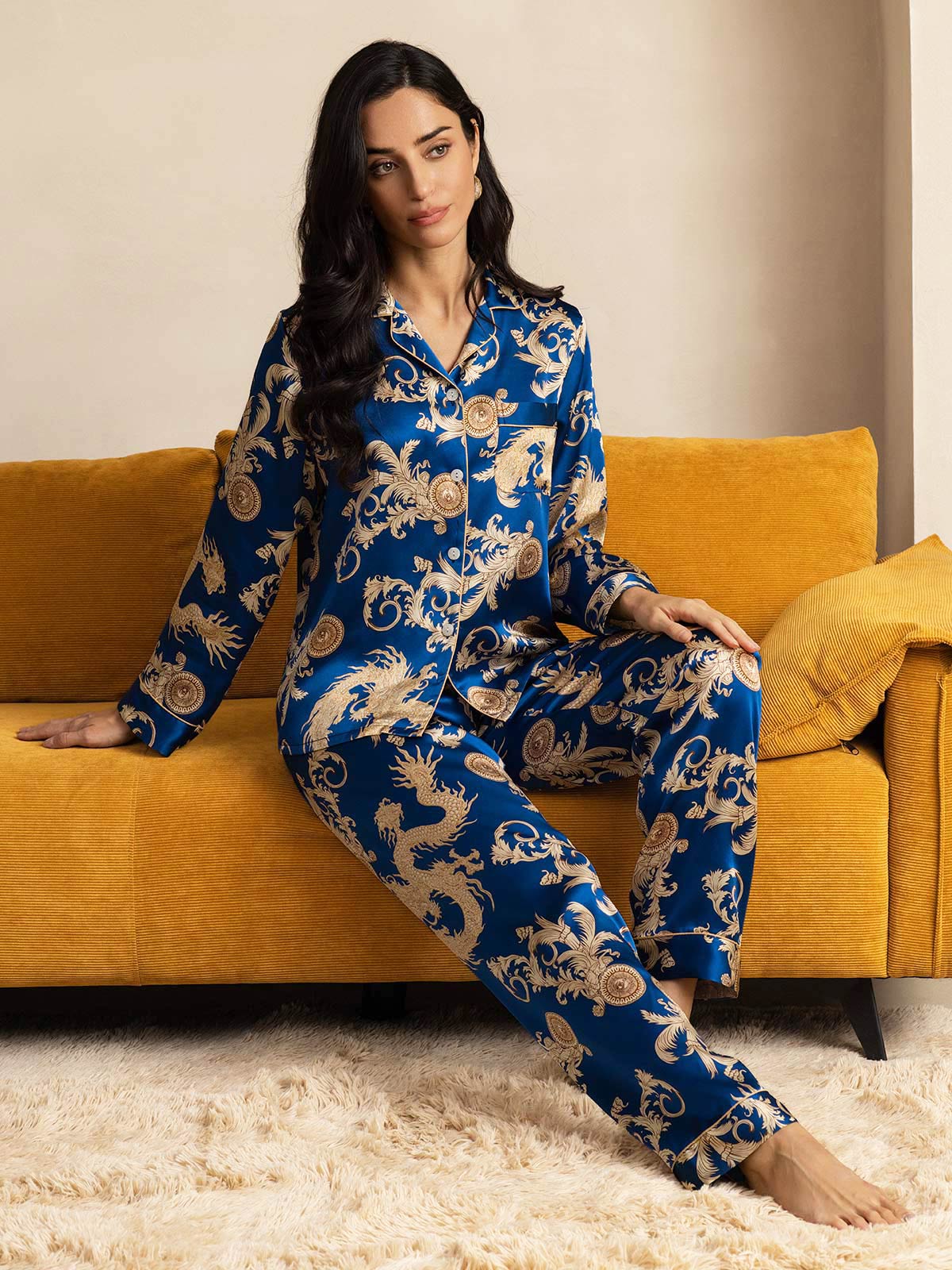 SilkSilky  Pure Silk Long Sleeve Lapel Women's Pajamas Blue 008