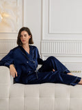 SilkSilky Pure Silk Long Sleeve V Neck Women's Pajamas DarkBlue 006